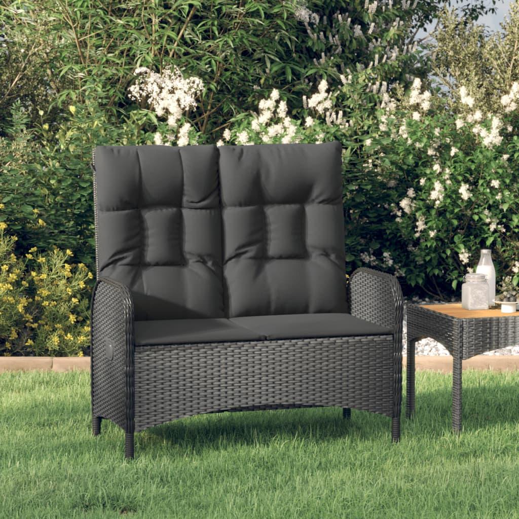 Havebænk med lænefunktion og hynder 107 cm polyrattan sort