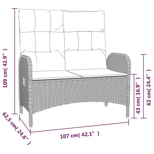 Havebænk med lænefunktion og hynder 107 cm polyrattan sort