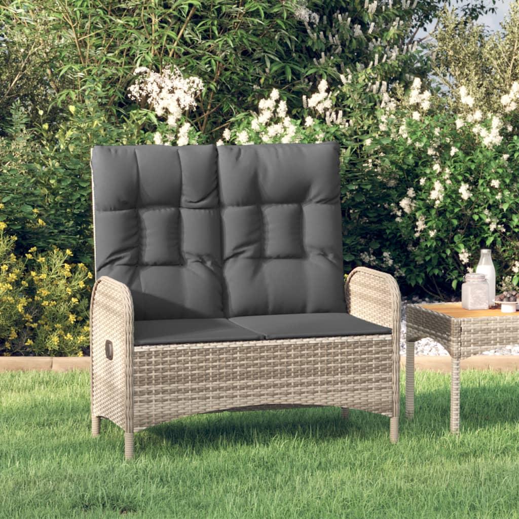 Havebænk med lænefunktion og hynder 107 cm polyrattan grå