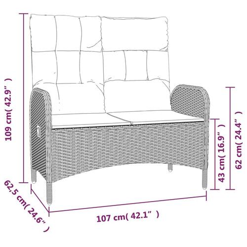 Havebænk med lænefunktion og hynder 107 cm polyrattan grå