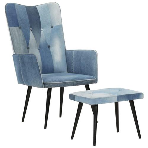 Lænestol med fodskammel denim-patchwork kanvas blå