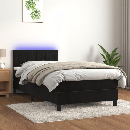 Kontinentalseng med madras og LED-lys 90x190 cm - fløjl, sort