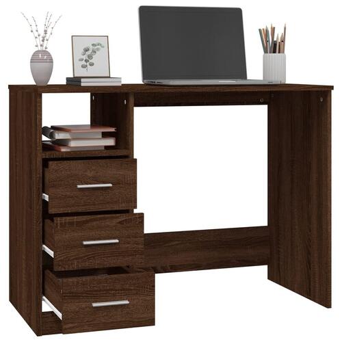 Skrivebord m. skuffer 102x50x76 cm konstrueret træ brun egetræ