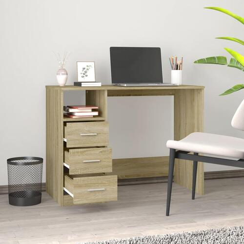 Skrivebord m. skuffer 102x50x76 cm konstrueret træ sonoma-eg
