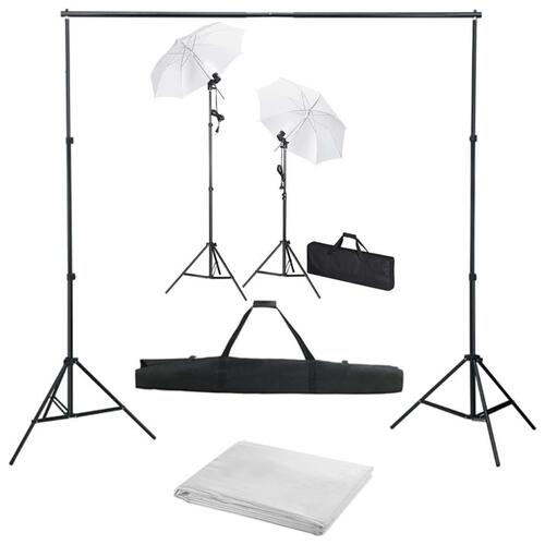 Fotostudiesæt med baggrund, lamper og paraplyer