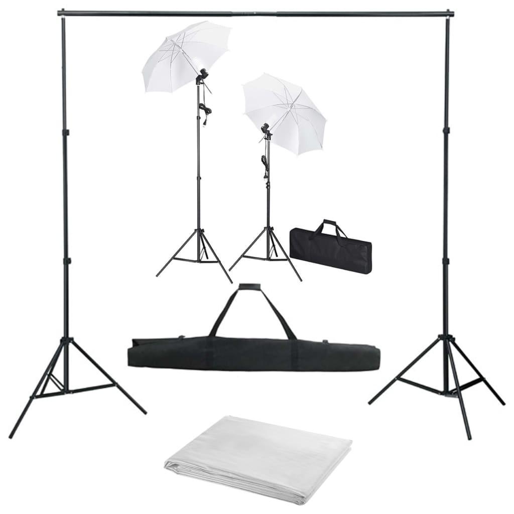 Fotostudiesæt med baggrund, lamper og paraplyer
