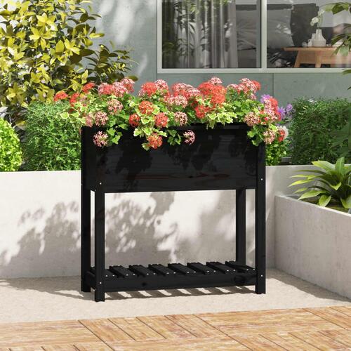 Plantekasse med hylde 82,5x34,5x81 cm massivt fyrretræ sort