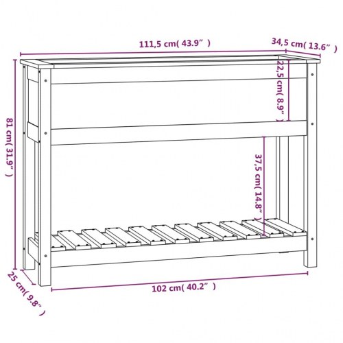 Plantekasse med hylde i massivt fyrretræ - 111,5 x 34,5 x 81 cm