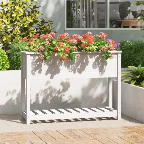 Plantekasse med hylde 111,5x34,5x81 cm massivt fyrretræ hvid