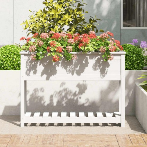 Plantekasse med hylde 111,5x34,5x81 cm massivt fyrretræ hvid