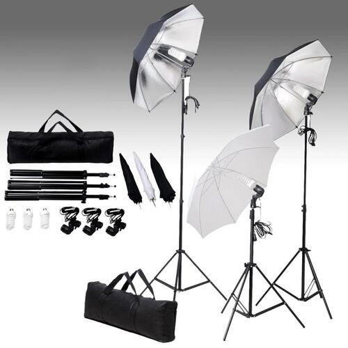 Fotostudieudstyr med lampesæt og baggrund