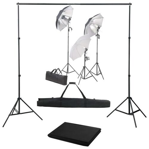 Fotostudieudstyr med lampesæt og baggrund