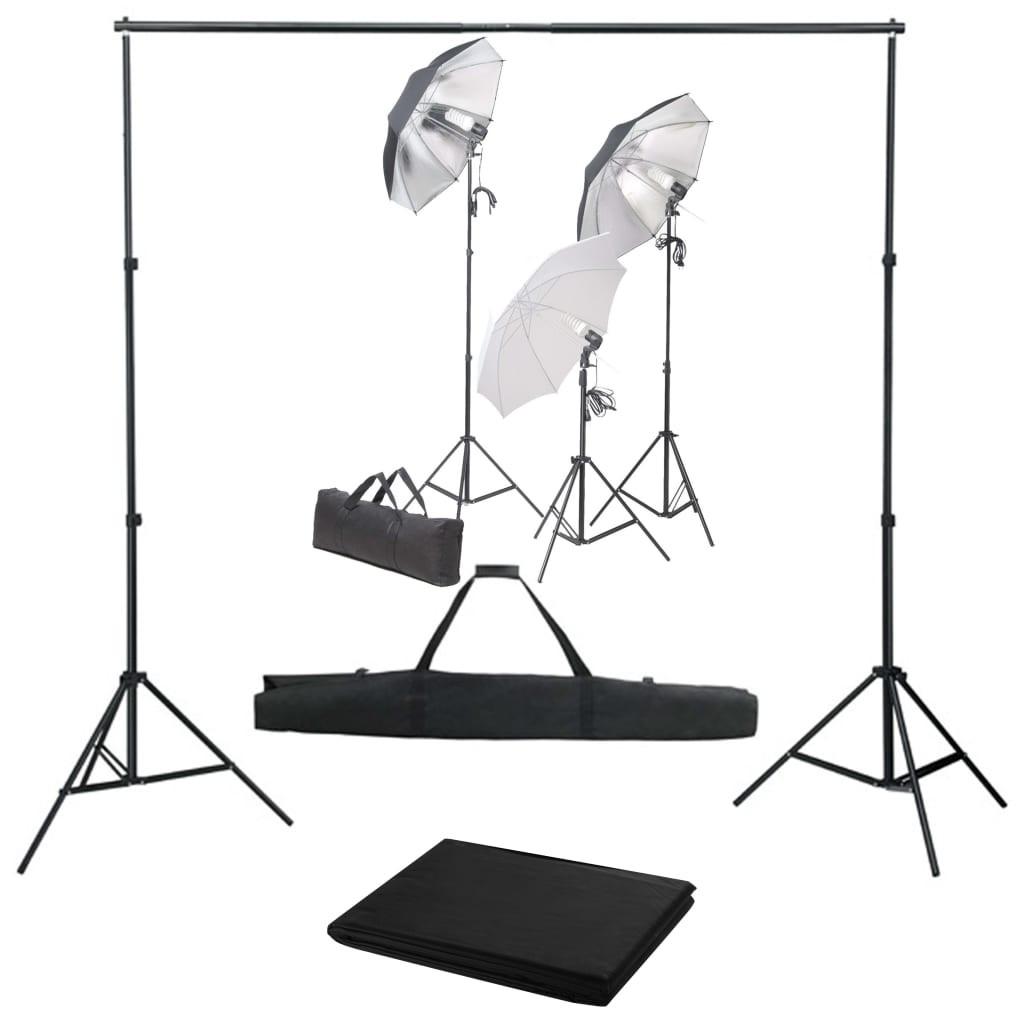 Fotostudieudstyr med lampesæt og baggrund