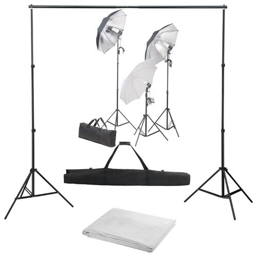 Fotostudieudstyr med lampesæt og baggrund
