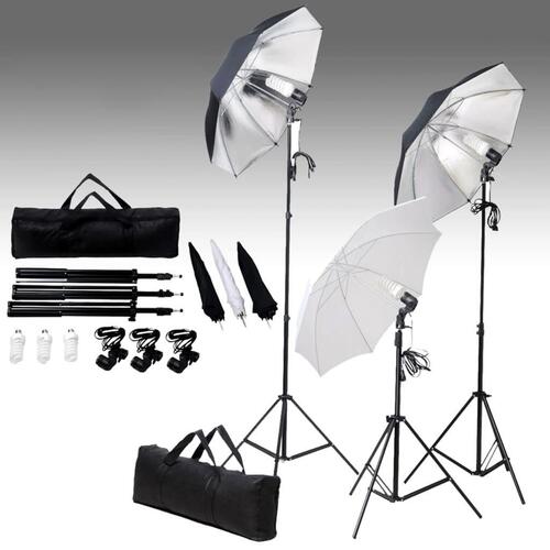 Fotostudieudstyr med lampesæt og baggrund