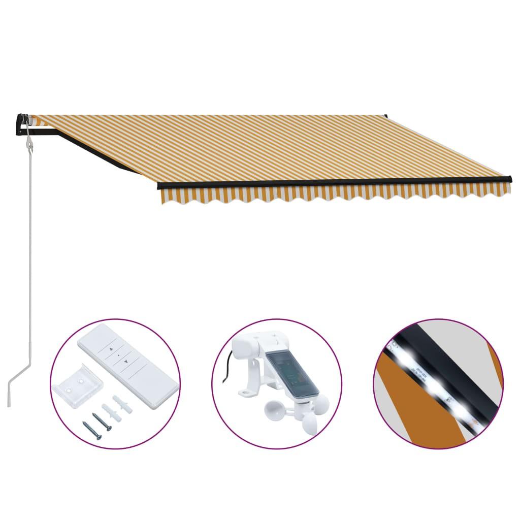 Foldemarkise med vindsensor og LED 400x300 cm gul og hvid