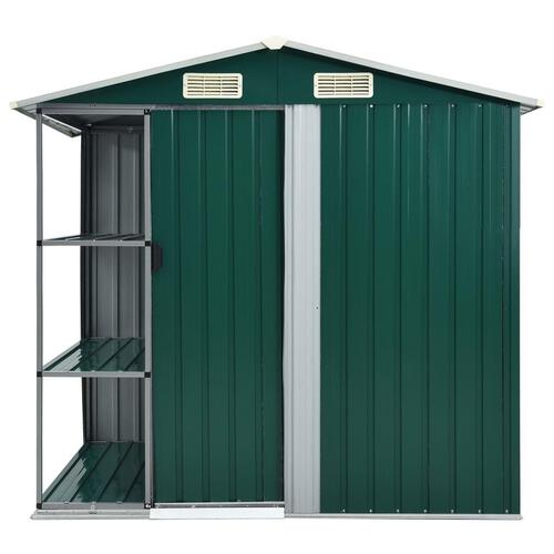Haveskur med reol 205x130x183 cm jern grøn