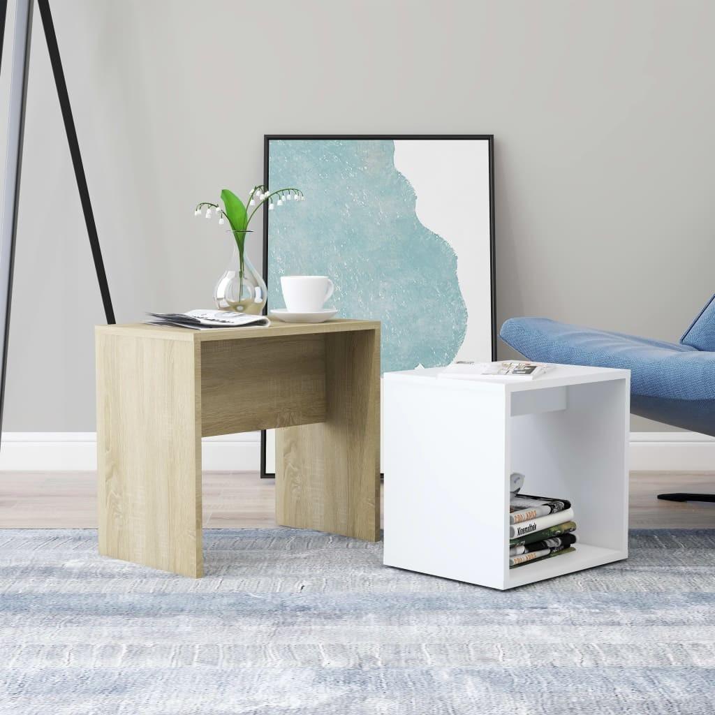 Sofabordssæt 48x30x45 cm konstrueret træ hvid og sonoma-eg