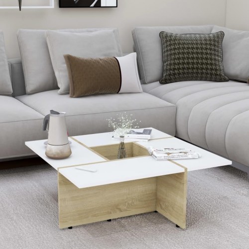 Sofabord 79,5x79,5x30 cm konstrueret træ hvid og sonoma-eg