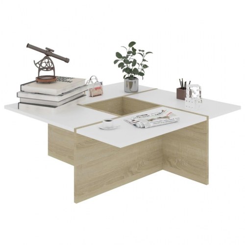 Sofabord 79,5x79,5x30 cm konstrueret træ hvid og sonoma-eg