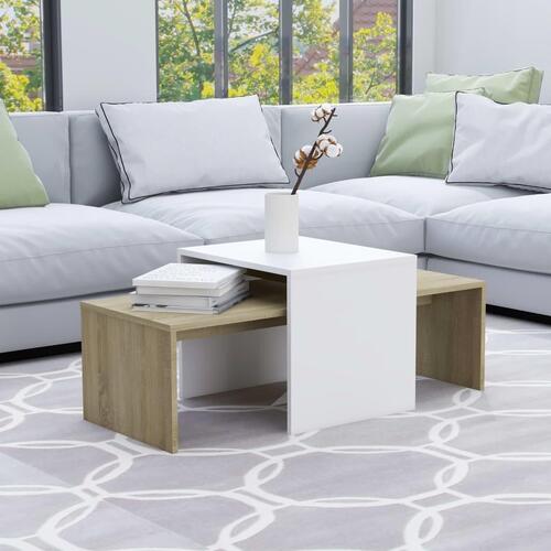 Sofabordssæt 100x48x40 cm konstrueret træ hvid og sonoma-eg