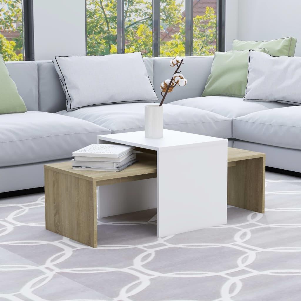 Sofabordssæt 100x48x40 cm konstrueret træ hvid og sonoma-eg