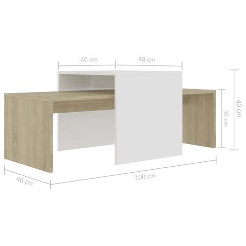 Sofabordssæt 100x48x40 cm konstrueret træ hvid og sonoma-eg