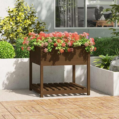 Plantekasse med hylde82,5x82,5x81cm massivt fyrretræ gyldenbrun