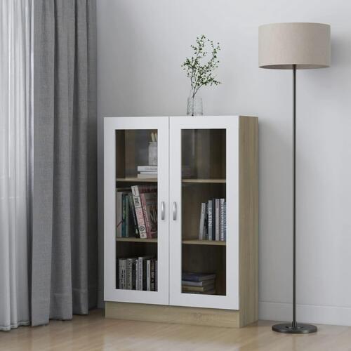Vitrineskab 82,5x30,5x115 cm spånplade hvid og sonoma-eg