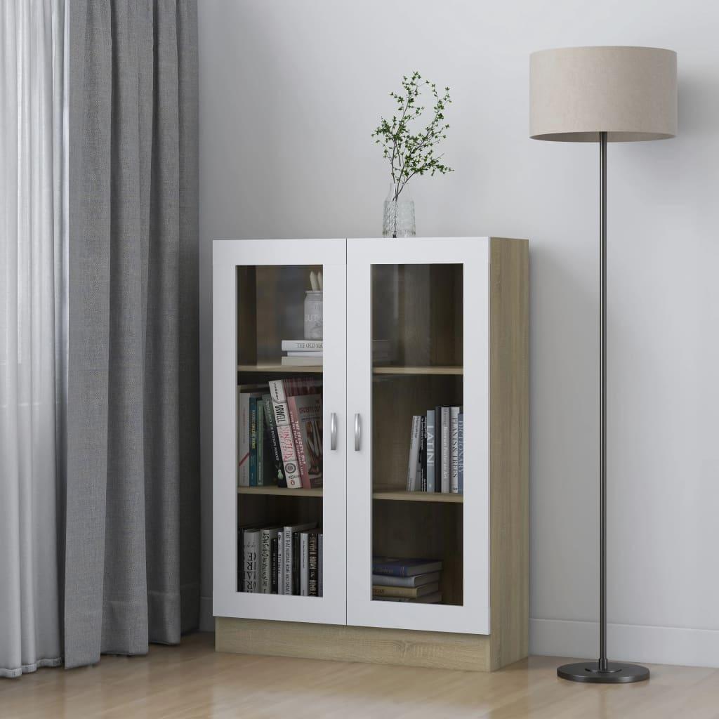 Vitrineskab 82,5x30,5x115 cm spånplade hvid og sonoma-eg