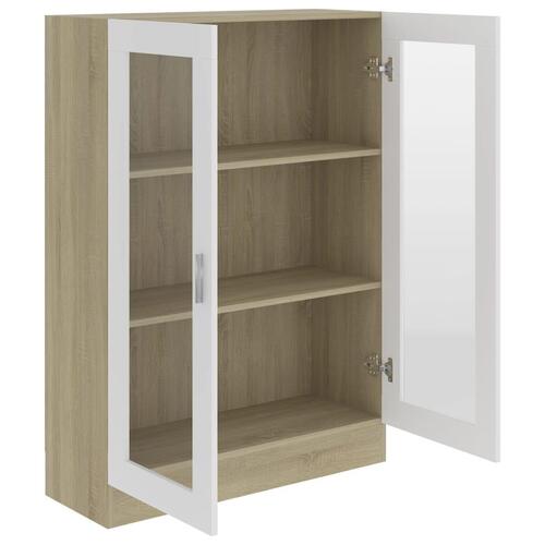 Vitrineskab 82,5x30,5x115 cm spånplade hvid og sonoma-eg