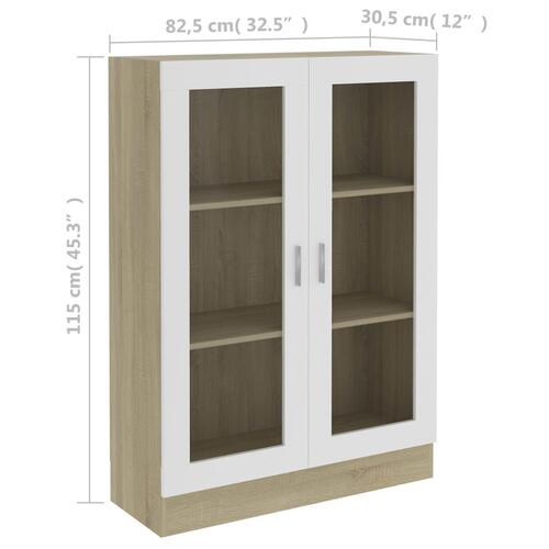 Vitrineskab 82,5x30,5x115 cm spånplade hvid og sonoma-eg