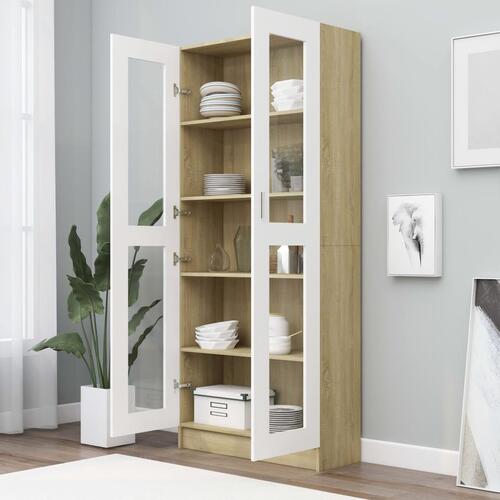 Vitrineskab 82,5x30,5x185,5 cm spånplade hvid og sonoma-eg