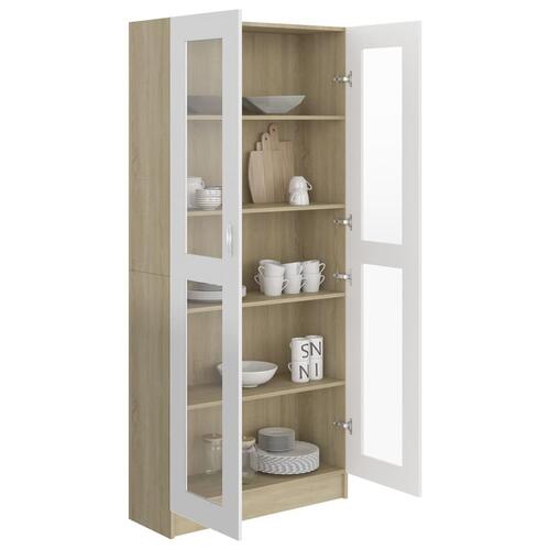 Vitrineskab 82,5x30,5x185,5 cm spånplade hvid og sonoma-eg