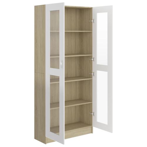 Vitrineskab 82,5x30,5x185,5 cm spånplade hvid og sonoma-eg
