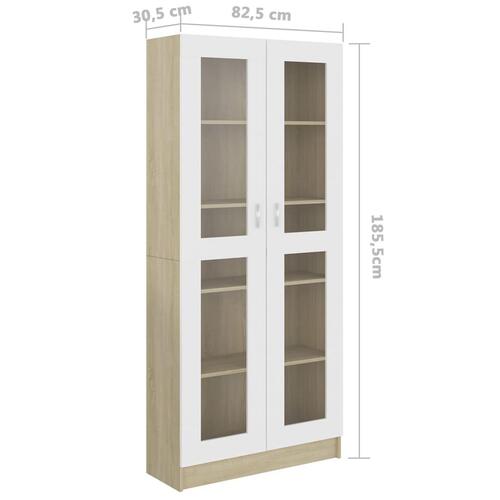 Vitrineskab 82,5x30,5x185,5 cm spånplade hvid og sonoma-eg