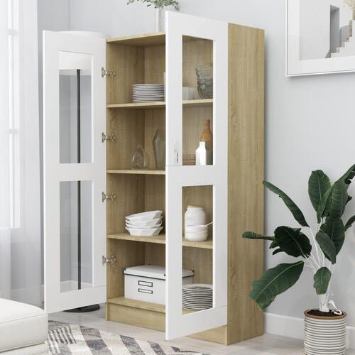Vitrineskab 82,5x30,5x150 cm spånplade hvid og sonoma-eg