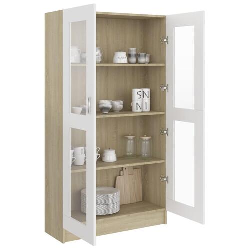 Vitrineskab 82,5x30,5x150 cm spånplade hvid og sonoma-eg