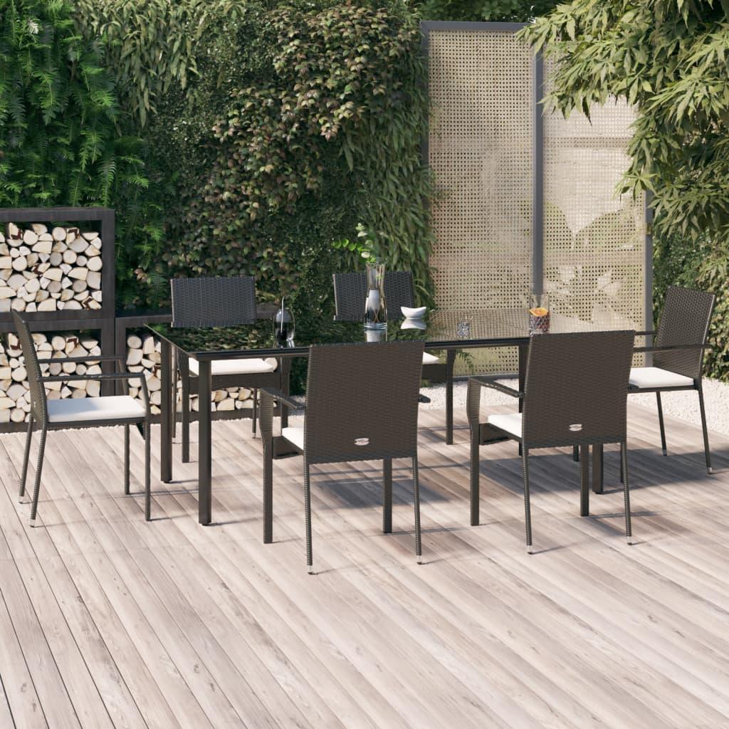 Spisebordssæt til haven 7 dele med hynder polyrattan sort