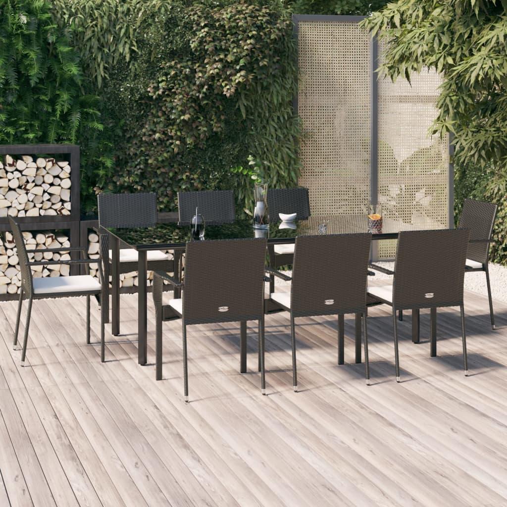 Spisebordssæt til haven 9 dele med hynder polyrattan sort