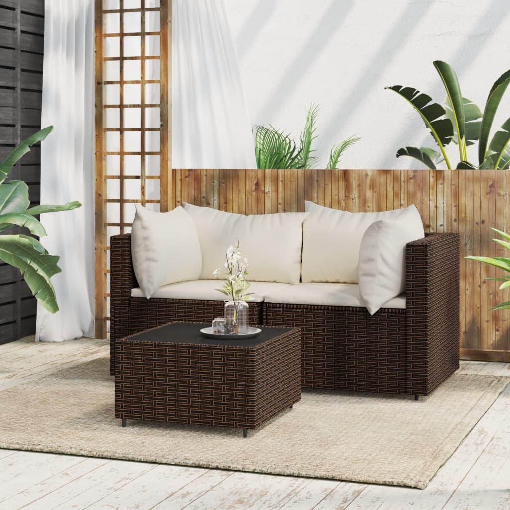 Loungesæt til haven 3 dele med hynder polyrattan brun