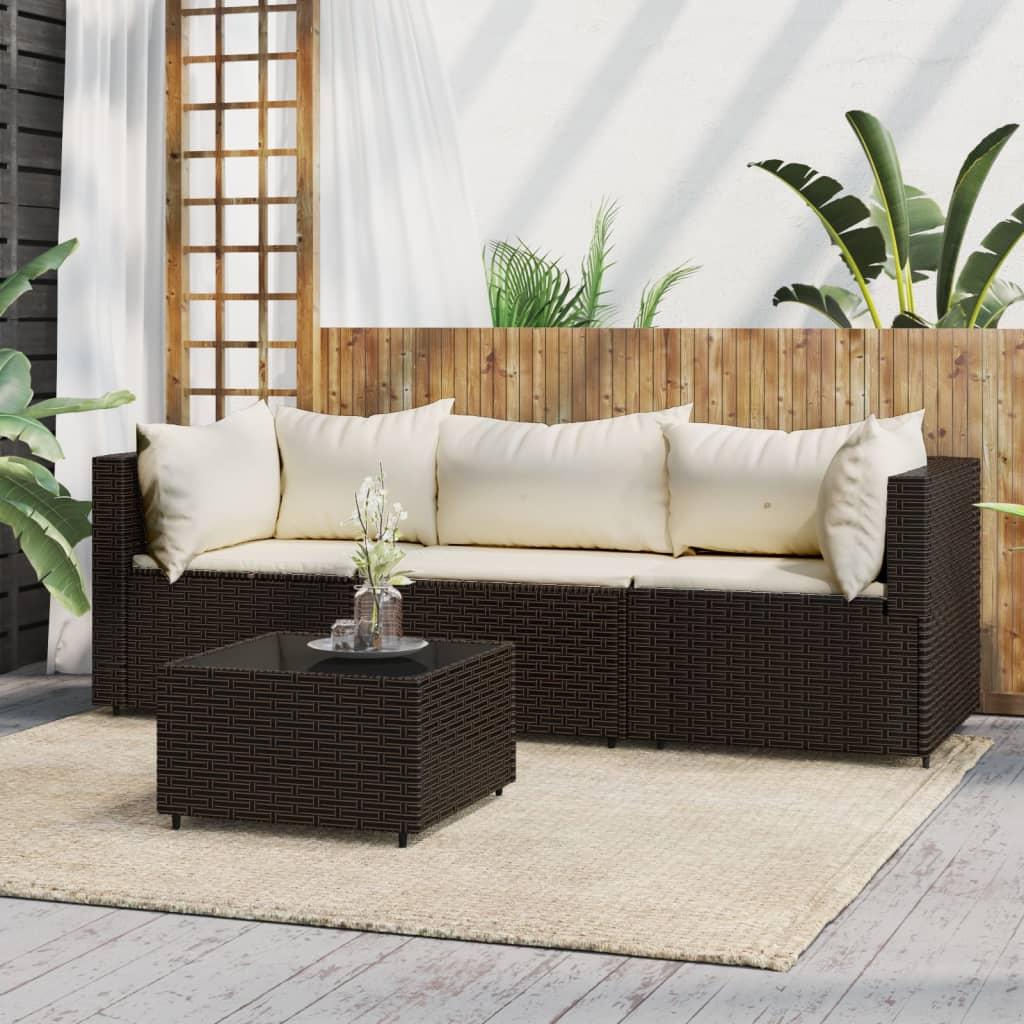 Loungesæt til haven 4 dele med hynder polyrattan brun