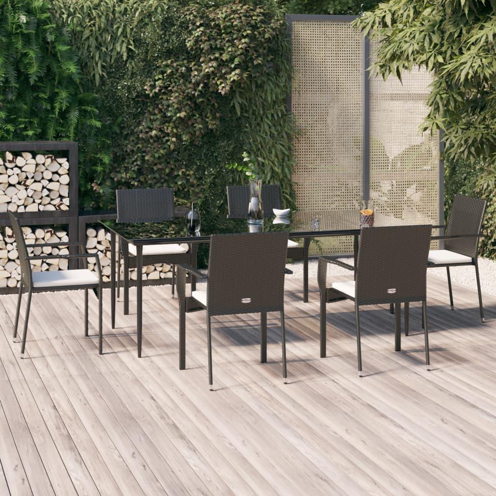 Spisebordssæt til haven 7 dele med hynder polyrattan sort