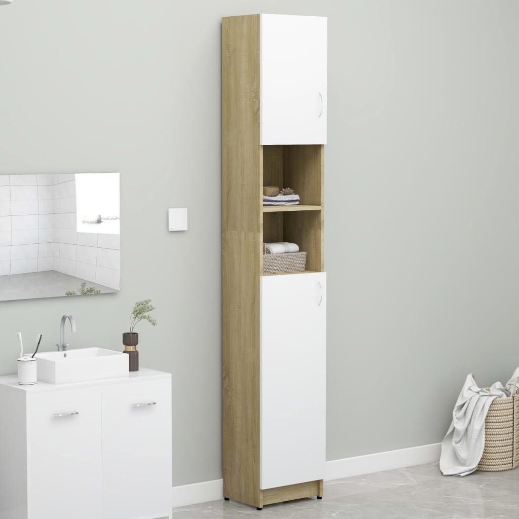 Badeværelsesskab 32x25,5x190 cm konstrueret træ hvid sonoma-eg