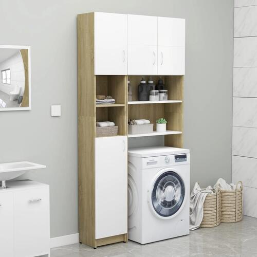 Badeværelsesskab 32x25,5x190 cm konstrueret træ hvid sonoma-eg