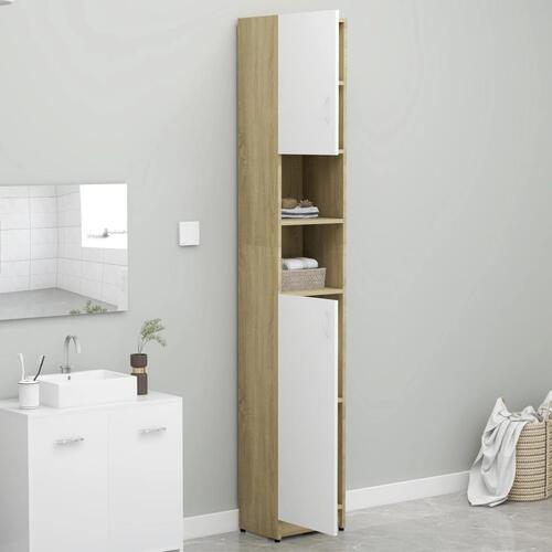 Badeværelsesskab 32x25,5x190 cm konstrueret træ hvid sonoma-eg