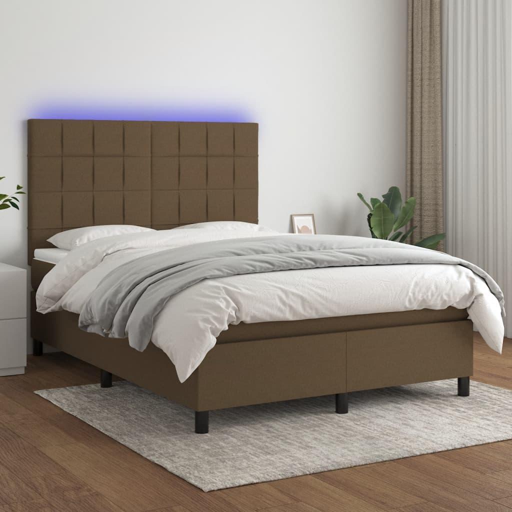 Kontinentalseng med LED-lys 140×200 cm - stof, mørkebrun billede