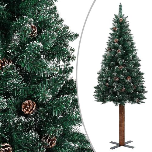 Smalt juletræ med ægte træ og hvid sne 150 cm PVC grøn