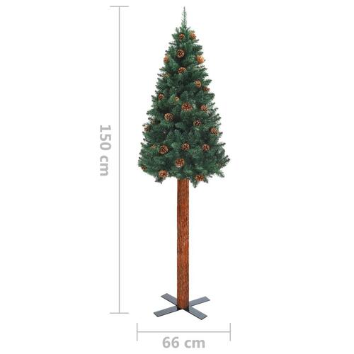 Smalt juletræ med ægte træ og grankogler 150 cm PVC grøn