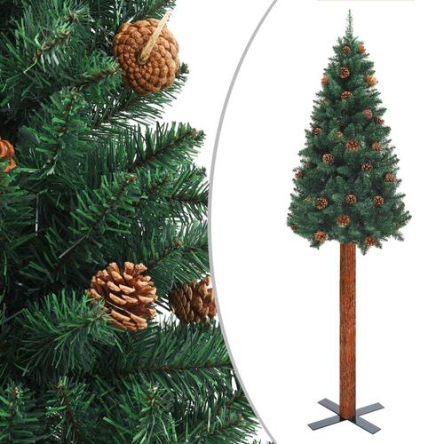 Smalt juletræ med ægte træ og grankogler 180 cm PVC grøn